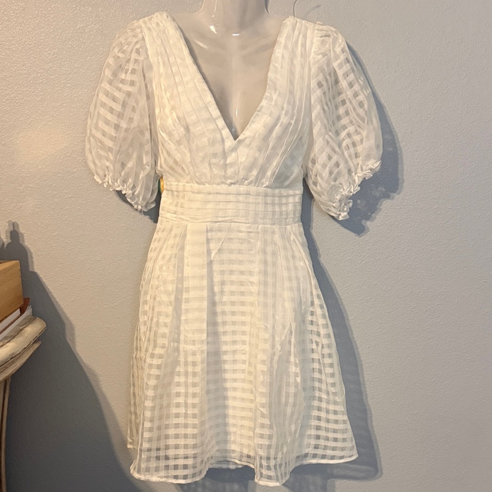 Lulu's Ivory Checkered Puff Sleeve Mini Dress